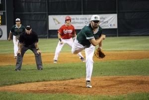 Stephen Schoch (UMBC) pitches against the Baltimore Redbirds. Photo by Allison Druhan